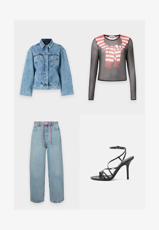 Lichtblauwe denimjacket met een kraag, knoopsluiting en twee borstzakken; beschikt over metalen studs als accent overal.; Zwart doorschijnend top met lange mouwen en een rood-wit gestreepte sjaal gestrikt bij de halslijn, Moschino Jeans label aan de binnenkant van de kraag.; Lichtblauwe denim brede pijpen jeans met een hoge taille, voorzien van een roze geweven trekkoord en vijf zakken. Authentieke vervaagde textuur.; Zwarte hoge hakken sandaal met dunne banden, een enkelgesp, een gladleren oppervlak en een slanke stilettohak.