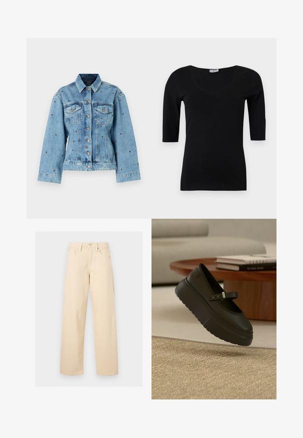 Chaqueta de denim de color azul claro con cuello, cierre de botones y dos bolsillos en el pecho; presenta detalles de tachuelas metálicas en toda la prenda.; Top negro ajustado con escote redondo y mangas hasta el codo, mostrado sobre un fondo blanco.; Pantalones beige de pierna recta con botón y cremallera delanteros, trabillas para cinturón y diseño de cinco bolsillos sobre un fondo liso y claro.; Zapato Mary Jane negro con plataforma y correa ajustable flotando sobre una alfombra beige, con una mesa de madera y libros apilados al fondo.
