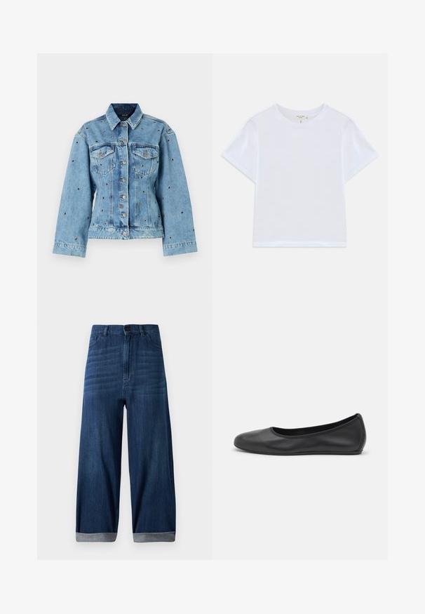 Lichtblauwe denimjacket met een kraag, knoopsluiting en twee borstzakken; beschikt over metalen studs als accent overal.; Witte cropped t-shirt van zacht katoen, met een ronde hals en korte mouwen in een iets ontspannen pasvorm. Geen patronen of accenten.; Donkerblauwe wijde denim jeans met opgerolde onderranden, voor knoop en zakken tegen een effen lichte achtergrond.; Zwarte leren ballerina met een ronde neus, gladde textuur, minimale stikdetails en een flexibele zoolontwerp.