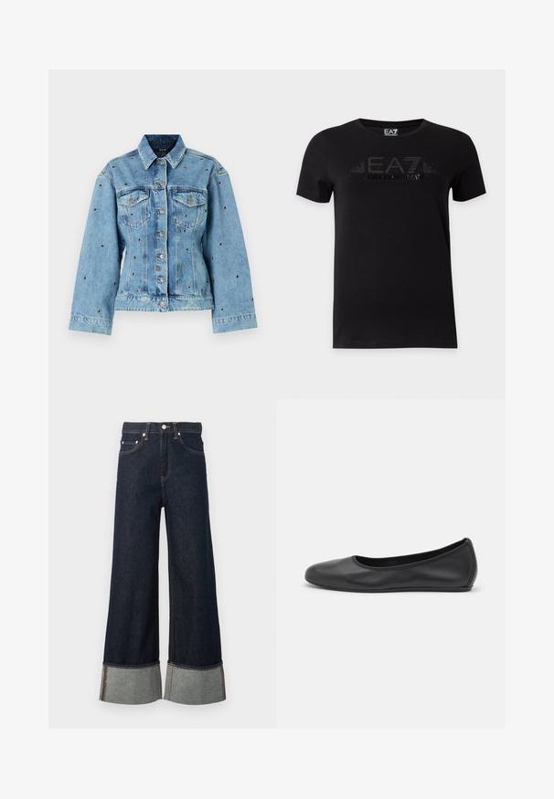 Chaqueta de denim de color azul claro con cuello, cierre de botones y dos bolsillos en el pecho; presenta detalles de tachuelas metálicas en toda la prenda.; Camiseta negra de manga corta con el logo EA7 Emporio Armani impreso en letras oscuras y brillantes en el pecho.; Vaqueros denim de pierna ancha en azul oscuro con puños doblados que muestran la tela interior más clara y cierre con botón plateado.; Bailarina de piel negra con punta redondeada, textura suave, detalle de costura minimalista y diseño de suela flexible.