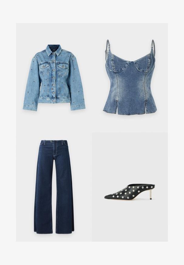 Hellblaue Jeansjacke mit einem kragenlosen Ausschnitt, Knopfverschluss und zwei Brusttaschen; mit metallischen Nietenakzenten durchgehend.; Denim-Corsage-Oberteil mit verstellbaren Trägern, hellblauer Waschung, strukturierten Cups, ausgestellt geschnittenem Saum und seitlichen Schlitzen für eine figurbetonte Silhouette.; Weite Denim-Jeans in Dunkelblau mit sichtbaren Nähten, vorderen Taschen und Knopfverschluss. Hergestellt aus einem robusten Denim-Stoff.; STAND STUDIO KELSEY - Pantolette hoch - black