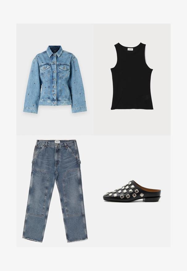 Hellblaue Jeansjacke mit einem kragenlosen Ausschnitt, Knopfverschluss und zwei Brusttaschen; mit metallischen Nietenakzenten durchgehend.; Schwarzes, geripptes Tanktop mit rundem Ausschnitt und breiten Trägern, das eine subtile Texturierung und ein kleines Netzdetail am Saum aufweist.; Agolde RAMI CARPENTER - Jeans Relaxed Fit - repetition; Schwarzer Leder-Slipper mit niedrigem Absatz, verziert mit quadratischen silbernen Nieten, die gleichmäßig über den oberen Bereich verteilt sind.