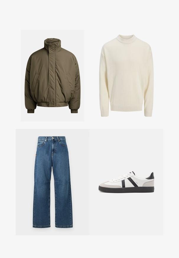 Doudoune en vert olive, présentant un col montant, des poignets élastiques et des poches latérales. Texture lisse avec une coupe décontractée et ample.; Pull en tricot blanc avec un col rond côtelé et des poignets côtelés. Le tissu a une texture lisse et une coupe décontractée.; Jeans en denim bleu avec une coupe relaxée, des jambes droites, des coutures visibles et une fermeture à bouton à l'avant. Comprend une poche latérale avec un accent.; Baskets blanches avec des accents noirs et gris, présentant un embout texturé gris, une semelle en caoutchouc noir et des lacets plats blancs. Design épuré, style minimaliste.