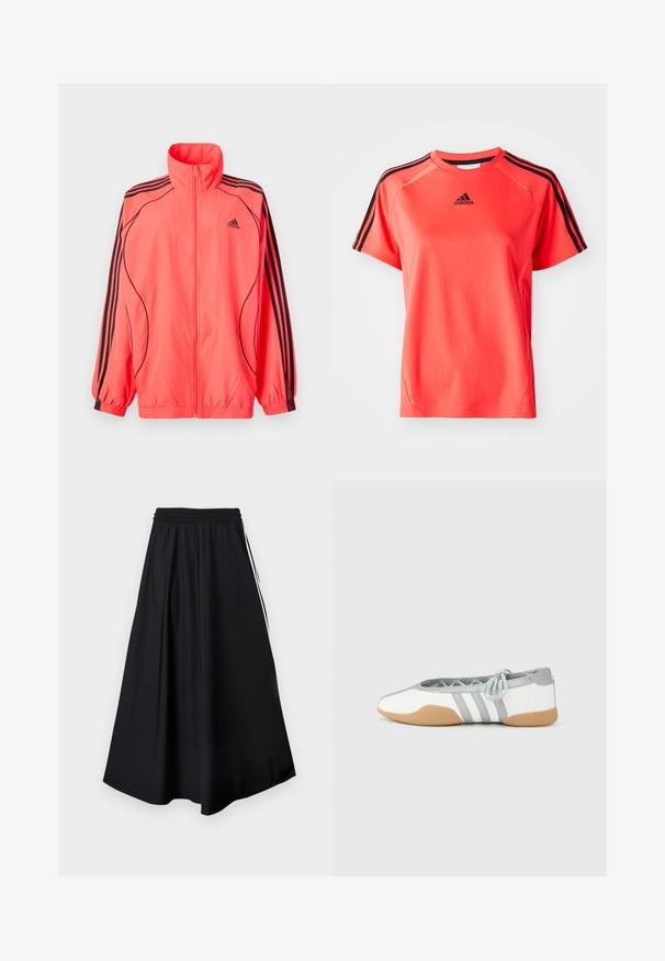 Felroze ritsjack met hoge kraag, zwarte accenten en drie zwarte strepen op elke mouw; gemaakt van lichtgewicht, gladde stof.; Korte mouwen, fel koraalkleurig sport T-shirt gemaakt van lichtgewicht stof. Heeft een zwart Adidas-logo en drie zwarte strepen op elke schouder.; Zwarte wijde broekspijpen met elastische tailleband en witte strepen aan de zijkant, weergegeven tegen een effen witte achtergrond.; Witte en grijze ballerina's met een ronde neus en elastische veters, met drie grijze strepen en een beige rubberen zool.