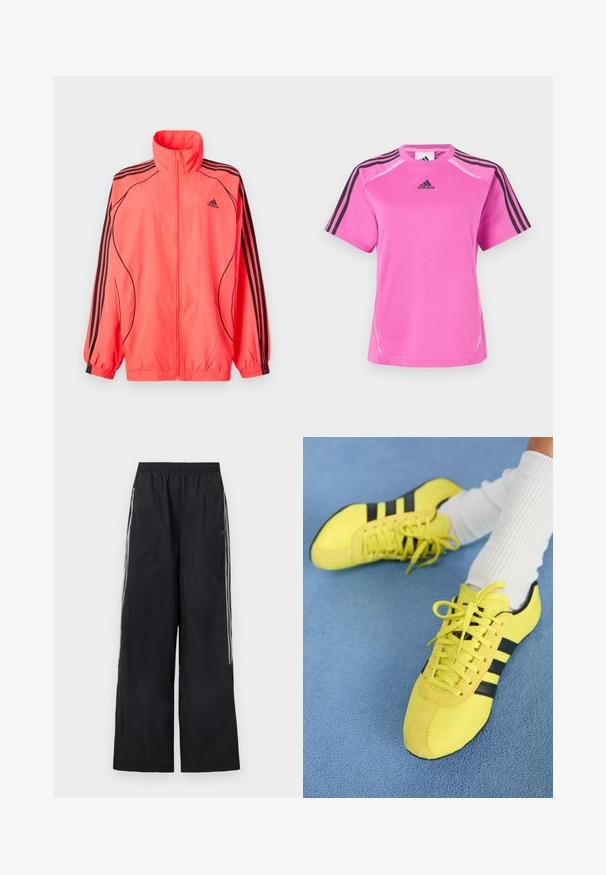 Felroze ritsjack met hoge kraag, zwarte accenten en drie zwarte strepen op elke mouw; gemaakt van lichtgewicht, gladde stof.; Helderroze Adidas sport t-shirt met zwarte drie-strepen detail op de mouwen en zwart Adidas-logo op de borst.; Zwarte, wijduitlopende trainingsbroek met elastische tailleband en drie witte strepen aan elke zijkant van de pijpen.; Heldere gele sportschoenen met zwarte strepen en veters; heeft een gestructureerde bovenkant en suède accenten. Draagt bij witte geribbelde sokken.