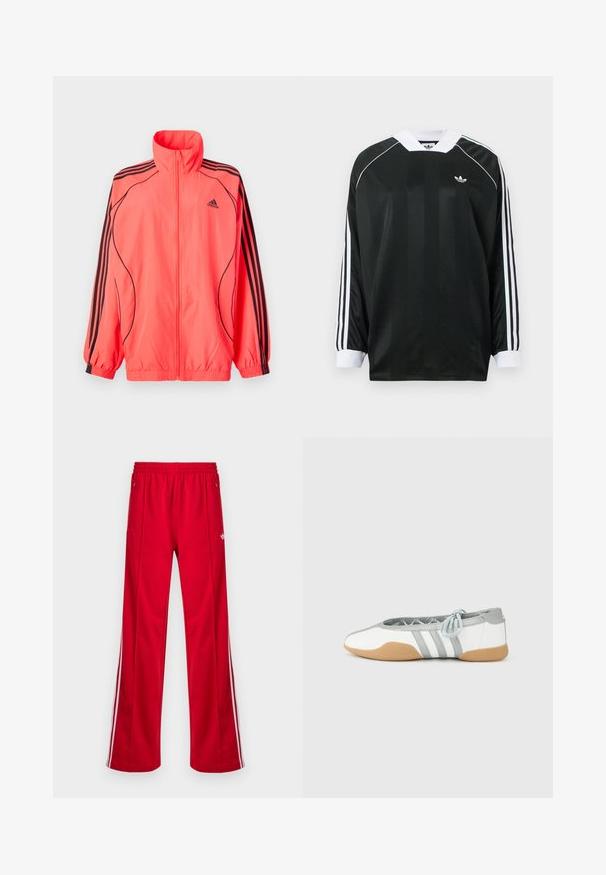 Felroze ritsjack met hoge kraag, zwarte accenten en drie zwarte strepen op elke mouw; gemaakt van lichtgewicht, gladde stof.; Zwart shirt met lange mouwen en een V-hals, met verticale strepen, witte accenten en drie witte strepen op elke mouw. Klein logo op de borst.; Rode sportieve broek met een losse pasvorm, elastische tailleband, twee zijzakken en witte zijstrepen. Gemaakt van glad, synthetisch materiaal.; Witte en grijze ballerina's met een ronde neus en elastische veters, met drie grijze strepen en een beige rubberen zool.