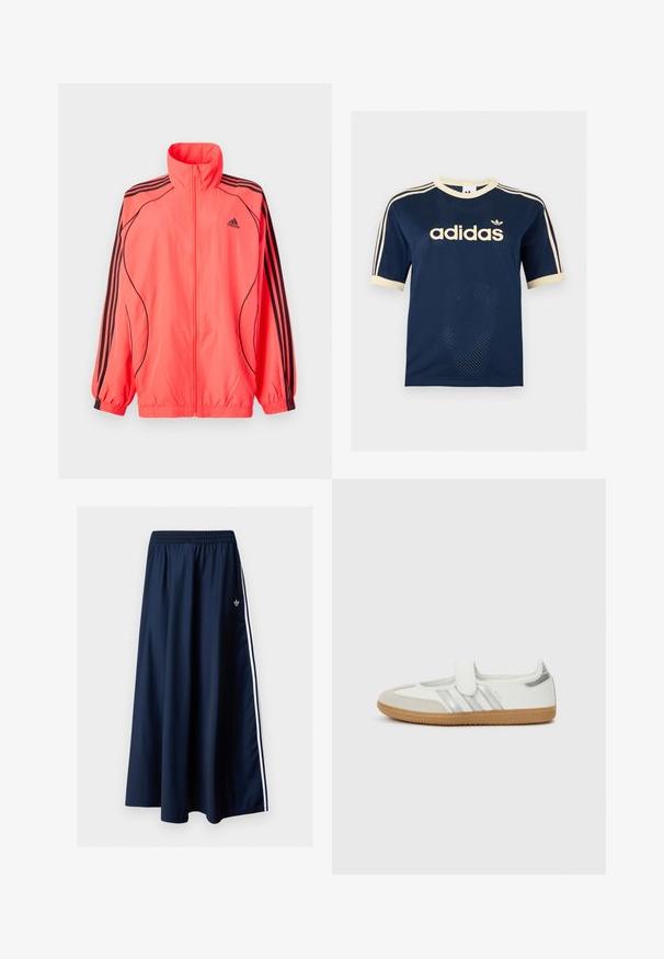 Felroze ritsjack met hoge kraag, zwarte accenten en drie zwarte strepen op elke mouw; gemaakt van lichtgewicht, gladde stof.; Marineblauw Adidas mesh T-shirt met korte mouwen, crèmekleurige afwerking, drie crèmekleurige strepen op de mouwen en Adidas-logo op de borst.; Donkerblauwe maxi-rok met elastische tailleband, twee witte zijstrepen en een klein wit Adidas-logo aan de linkerkant.; Witte sneaker met zilveren strepen, suède neuskap en klittenbandsluiting. Texturen gumrubberen zool. Minimalistisch ontwerp met een gladde afwerking.