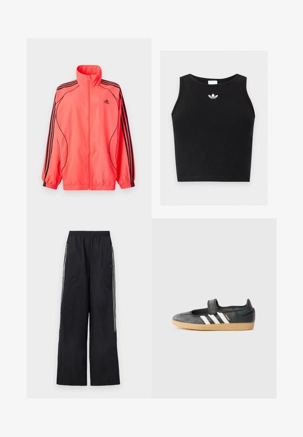 Felroze ritsjack met hoge kraag, zwarte accenten en drie zwarte strepen op elke mouw; gemaakt van lichtgewicht, gladde stof.; Zwarte geribbelde mouwloze cropped top met ronde hals en klein wit Adidas trefoil-logo gecentreerd bij de kraag.; Zwarte, wijduitlopende trainingsbroek met elastische tailleband en drie witte strepen aan elke zijkant van de pijpen.; Zwarte leren en suède sneaker met een klittenbandsluiting, voorzien van drie witte strepen en een gumzool, met de naam "SAMBA" aan de zijkant.