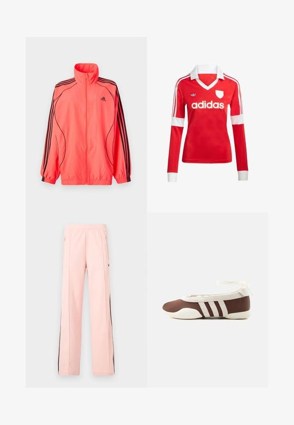 Felroze ritsjack met hoge kraag, zwarte accenten en drie zwarte strepen op elke mouw; gemaakt van lichtgewicht, gladde stof.; Rode lange mouwen voetbalshirt met een witte kraag en manchetten. Heeft drie witte strepen op de schouders en het "adidas" logo prominent weergegeven.; Lichtroze trainingsbroek met zwarte strepen aan de zijkant, zakken met rits en elastische tailleband, afgebeeld op een effen witte achtergrond.; Bruine en witte ballerinaschoenen met drie witte strepen en een strik om de enkel op een effen lichte achtergrond.