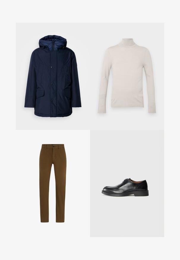 Marineblå isoleret parka med aftagelig hætte, trykknapper og to frontlommer med en glat tekstur og rene linjer.; Lys beige turtleneck sweater lavet af glat stof, med lange ærmer og en figursyet design, samt en ribbet halsudskæring og manchetter.; Brune chinos med et klassisk lige ben-design, der har lynlås foran, knaplukning og bæltestropper. Glat bomuldsstof, uden mønstre.; Sorte lædersko med rund tå, glat overflade, snøre detaljer og en lav, tekstureret gummisål. Rene linjer og minimalistisk design.