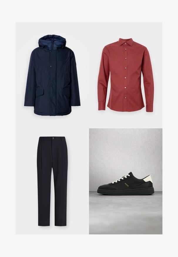 Marineblauwe geïsoleerde parka met een afneembare capuchon, drukknoopsluiting en twee voorzakken met een gladde textuur en strakke lijnen.; Langarmshirt in diep rood, gemaakt van katoen, met een knoopsluiting aan de voorkant, een puntige kraag en zilverkleurige knopen. Gladde textuur.; Marineblauwe formele broek met rechte pasvorm, riemlussen, knoop en ritssluiting aan de voorkant, afgebeeld op een effen achtergrond.; Zwarte sneaker met witte veters en hielstuk, "HUGO"-logo aan de zijkant, zwevend in de lucht tegen een grijze vloer en een achtergrond van glazen blokken.