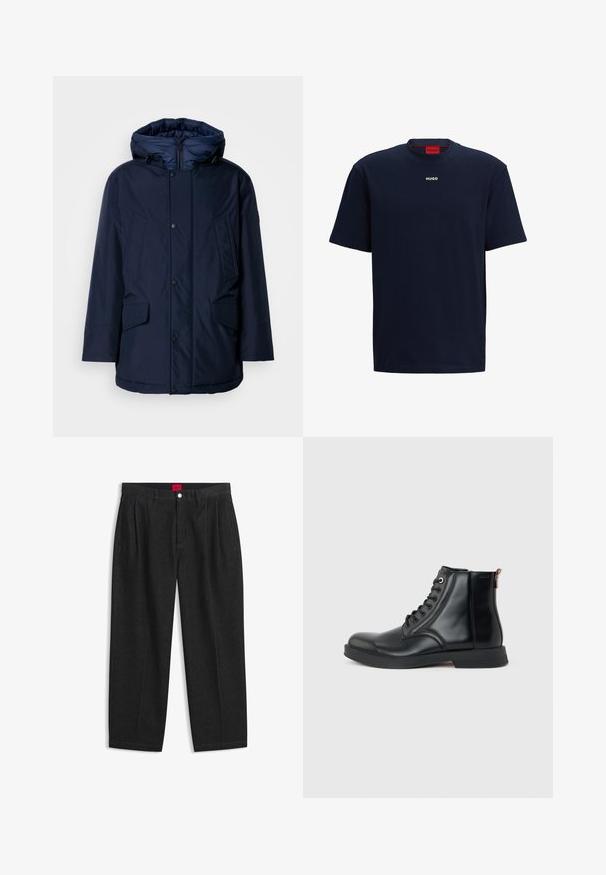 Marineblå isoleret parka med aftagelig hætte, trykknapper og to frontlommer med en glat tekstur og rene linjer.; Mørkeblå bomulds t-shirt med rund hals, korte ærmer og et hvidt "Hugo" logo på brystet. Glat tekstur med et enkelt design.; Sorte bukser med høj talje med forreste læg, bæltestropper, knap og lynlås lukning samt en rød label indeni linningen.; Sort læderankelstøvle med snørelukning foran, rundet tå, flad sål og træksløjfe bagpå på en ensartet lys grå baggrund.