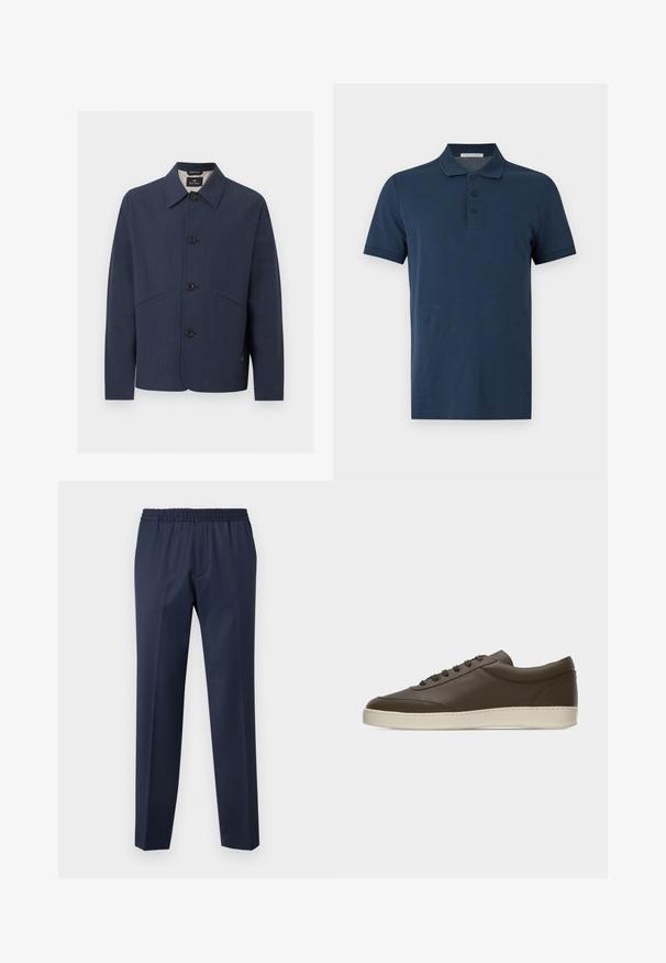 Veste bleu marine à boutons avec col, manches longues et deux poches diagonales à l'avant, fabriquée en tissu texturé.; Polo bleu marine à manches courtes avec trois boutons et un col, présenté sur un fond uni gris clair.; Pantalon bleu marine avec une taille élastique, coupe droite, texture lisse, sans motifs visibles ni détails matériels.; Baskets basses en cuir marron foncé avec lacets sur le devant et semelle en caoutchouc couleur crème, vues de côté extérieur sur fond blanc.