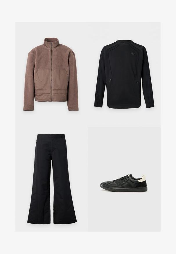 Chaqueta de forro polar marrón con cremallera frontal completa, cuello alto y paneles de tela suave en el pecho y la parte inferior frontal.; Sudadera negra de manga larga con cuello redondo, con sutil logo de trébol de Adidas en el pecho y bolsillos laterales con cremallera, con detalles de paneles cosidos.; Pantalones de pierna ancha negros, hechos de un tejido suave, con pliegues frontales y una cinturilla. Diseño limpio sin patrones ni acentos visibles.; ALDO THEPITCH - Zapatillas - black