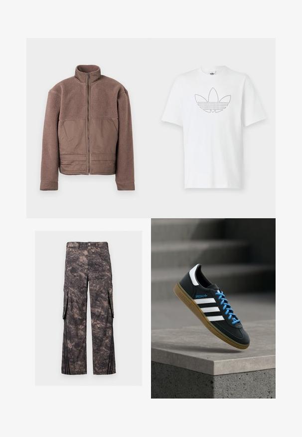 Chaqueta de forro polar marrón con cremallera frontal completa, cuello alto y paneles de tela suave en el pecho y la parte inferior frontal.; Camiseta de algodón blanca que presenta un contorno negro punteado de un logo de trébol en la parte frontal. Mangas cortas y cuello redondo.; Pantalones cargo gris oscuro con patrón de camuflaje abstracto, botón y cremallera delanteros, bolsillos laterales con solapa y rayas verticales negras cerca de los bajos.; Zapatilla negra Adidas con franjas blancas, cordones azules y suela de goma flotando sobre un escalón de hormigón gris con luz suave.
