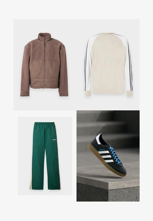Chaqueta de forro polar marrón con cremallera frontal completa, cuello alto y paneles de tela suave en el pecho y la parte inferior frontal.; Camiseta de manga larga beige con mangas raglán blancas y rayas azul marino a los lados. Presenta un pequeño logo blanco en el pecho.; Pantalones de chándal verdes Adidas con rayas laterales beige, cintura elástica y logo blanco de Adidas en la parte superior de la pierna izquierda.; Zapatilla negra Adidas con franjas blancas, cordones azules y suela de goma flotando sobre un escalón de hormigón gris con luz suave.