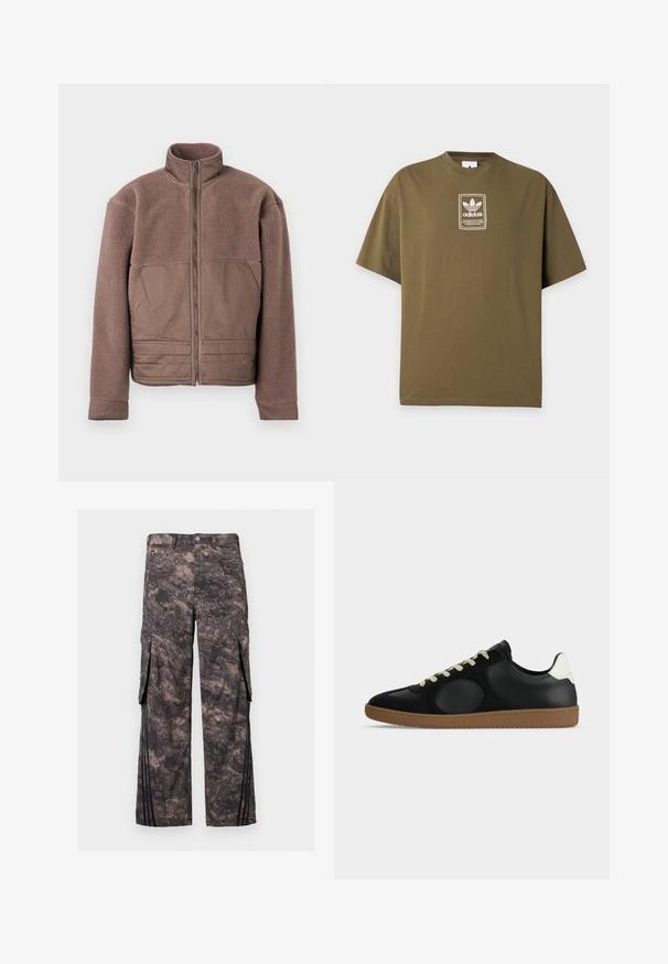 Hnedá fleecová bunda s plným predným zipsom, vysokým golierom a hladkými textilnými panelmi na hrudi a dolnej časti prednej strany.; Olivovo zelené tričko Adidas s malým bielym logom a textovou nášivkou umiestnenou v strede na hrudi na svetlom jednofarebnom pozadí.; Tmavosivé cargo nohavice s abstraktným maskovacím vzorom, predným gombíkom a zipsom, bočnými vreckami s klopou a čiernymi vertikálnymi pruhmi pri lemoch.; Čierny nízky teniska s bielym detailom na päte, béžovými šnúrkami a hnedou gumovou podrážkou zobrazená v bočnom profile na bielom pozadí.