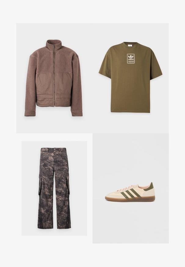 Brun fleecejakke med fuld frontlynlås, høj krave og glatte stofpaneler på brystet og nederste front.; Olivengrøn Adidas T-shirt med lille hvidt logo og tekstpatch centreret på brystet mod en ensartet lys baggrund.; Mørkegrå arbejdstøj bukser med abstrakt camouflage mønster, forreste knap og lynlås, sidelommer med klap og sorte lodrette striber nær kanterne.; Beige Adidas Spezial sneaker med lav profil, grønne striber, gummisål og "SPEZIAL"-branding på siden, vist fra ydersiden.