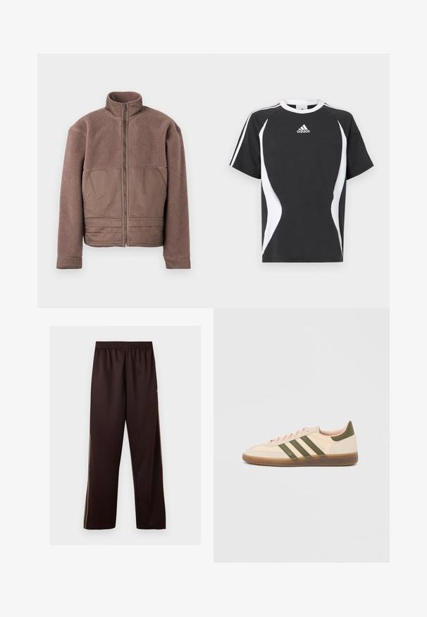 Chaqueta de forro polar marrón con cremallera frontal completa, cuello alto y paneles de tela suave en el pecho y la parte inferior frontal.; Camiseta negra de manga corta con acentos de diseño en blanco y el logo de Adidas en el pecho. Hecha de algodón suave con cuello redondo.; Pantalones de pernera ancha en marrón oscuro con cintura elástica y sutiles rayas laterales en marrón claro, mostrados sobre un fondo blanco liso.; Zapatilla Adidas Spezial beige de perfil bajo con rayas verdes, suela de goma y la marca "SPEZIAL" en el lateral, vista desde el lado exterior.