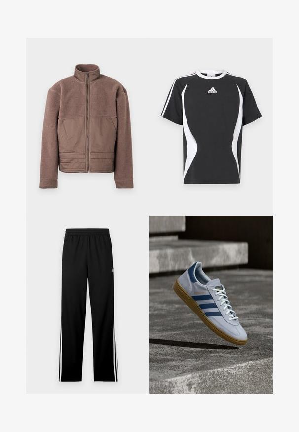 Braune Fleecejacke mit vollem Frontreißverschluss, hohem Kragen und glatten Stoffpaneelen auf der Brust und der unteren Vorderseite.; Schwarzes kurzärmeliges T-Shirt mit weißen Designakzenten und Adidas-Logo auf der Brust. Hergestellt aus weichem Baumwollmaterial mit Rundhalsausschnitt.; Schwarze Sporthose aus Mesh-Gewebe mit geradem Schnitt, elastischem Bund und weißen Seitenstreifen. Sportlogo sichtbar.; Hellblauer Adidas Spezial Sneaker mit dunkelblauen Streifen und Gummisohle, in der Luft über Betontreppen in neutralem Außenbereich gezeigt.