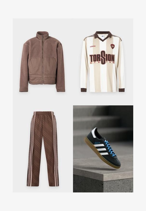 Bruine fleece jas met volledige rits aan de voorkant, hoge kraag en gladde stofpanelen op de borst en de onderkant voor.; Beige en wit gestreept voetbalshirt met lange mouwen; heeft een bruine kraag en manchetten, een groot rood "TORSION SYSTEM" logo en adidas branding.; Bruine trainingsbroek met lichtroze verticale strepen aan de zijkanten en een herhalend bladpatroon over de hele broek, elastische tailleband, recht gesneden pijpen.; Zwarte Adidas-sneaker met witte strepen, blauwe veters en een gumzool die boven een grijze betonnen trede zweeft in zacht licht.