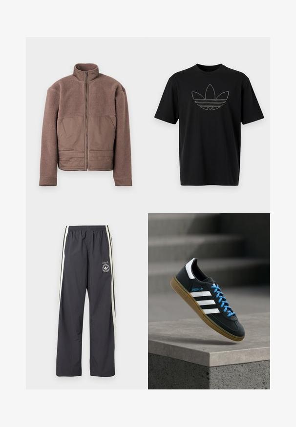 Chaqueta de forro polar marrón con cremallera frontal completa, cuello alto y paneles de tela suave en el pecho y la parte inferior frontal.; Camiseta de algodón negra que presenta un gran logo de Adidas contorneado con líneas horizontales en un material reflectante en la parte frontal. Mangas cortas.; Pantalones de chándal gris oscuro con rayas blancas laterales, cintura elástica y un logo circular con tres estrellas en el muslo izquierdo. Tela ligera.; Zapatilla negra Adidas con franjas blancas, cordones azules y suela de goma flotando sobre un escalón de hormigón gris con luz suave.