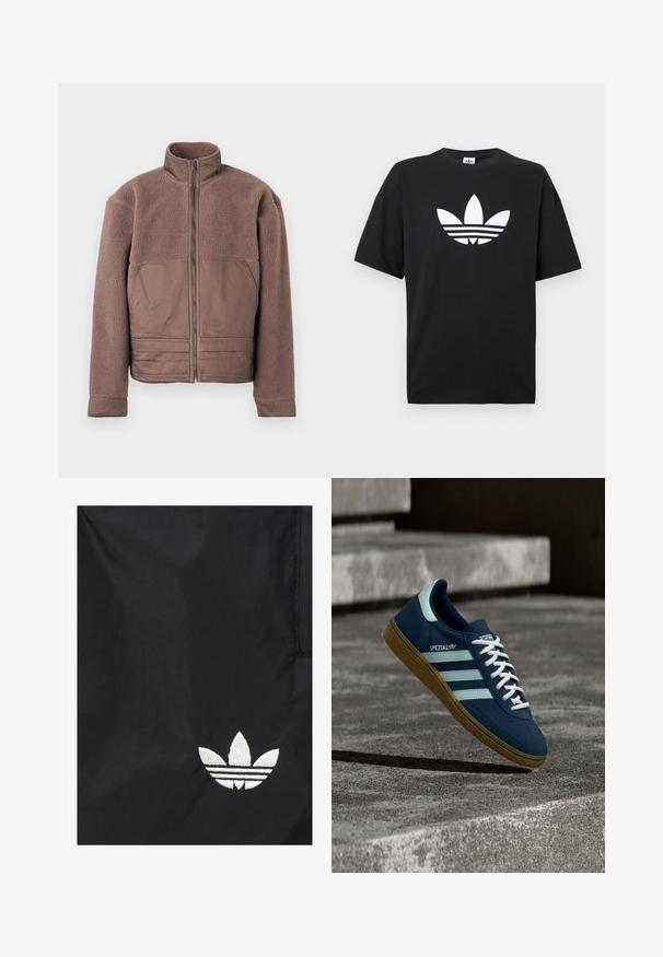 Pruun fliiskate, millel on täispikk tõmblukk, kõrge krae ja siledad kangapaneelid rinna- ja alumisel esiküljel.; Must musta T-särk lühikeste varrukatega, millel on suur valge Adidas logo ja kolm horisontaalset triipu all. Klassikaline ümberkaela disain.; Must riie musta Adidas trefoil-logo valge tikandiga alumise parempoolse nurga lähedal.; Sinine Adidas Spezial tennisk, valgete triipude ja paeltega, kummist tallaga, hõljub kareda betoonpinna ja sammude kohal taustal.