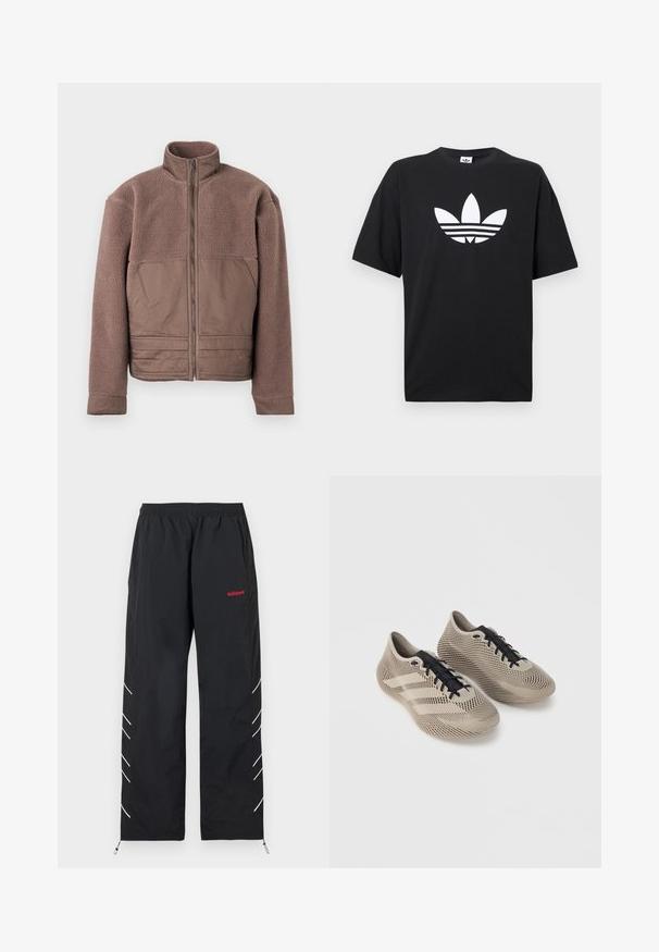 Braune Fleecejacke mit vollem Frontreißverschluss, hohem Kragen und glatten Stoffpaneelen auf der Brust und der unteren Vorderseite.; Schwarzes Baumwoll-T-Shirt mit kurzen Ärmeln, das ein großes weißes Adidas-Logo und drei horizontale Streifen am Saum zeigt. Klassisches Rundhalsdesign.; Schwarze Adidas-Trainingshose mit elastischem Bund, rotem Logo am rechten Oberschenkel, weißen diagonalen Streifen an den Beinseiten und Knöchelverstellern.; Paar beiger Sportschuhe mit schwarzen Schnürsenkeln, mit einem strukturierten, gestreiften Muster und drei Seitenstreifen auf einfarbigem Hintergrund.