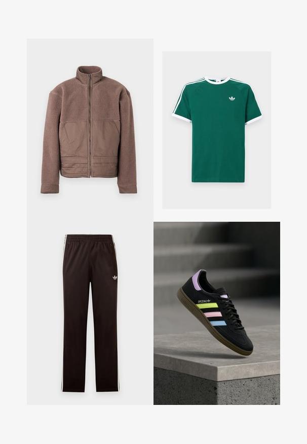 Chaqueta de forro polar marrón con cremallera frontal completa, cuello alto y paneles de tela suave en el pecho y la parte inferior frontal.; Camiseta de algodón verde con acentos blancos, con mangas cortas, cuello redondo y tres rayas blancas en cada hombro. Pequeño logo en el pecho.; Pantalones de entrenamiento negros de Adidas con cintura elástica, rayas laterales blancas, bolsillos con cremallera y un pequeño logo de trébol en el muslo izquierdo.; Zapatilla Adidas Spezial negra con rayas en amarillo pastel, rosa y azul, lengüeta trasera lavanda y suela marrón, flotando sobre un bordillo de cemento.