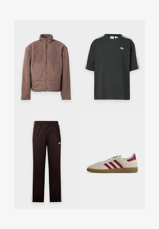 Chaqueta de forro polar marrón con cremallera frontal completa, cuello alto y paneles de tela suave en el pecho y la parte inferior frontal.; Camiseta de algodón negra con mangas cortas, cuello redondo y detalle de tres rayas blancas en los hombros. Presenta un pequeño logo blanco en el pecho.; Pantalones de entrenamiento negros de Adidas con cintura elástica, rayas laterales blancas, bolsillos con cremallera y un pequeño logo de trébol en el muslo izquierdo.; Zapatilla beige Adidas Spezial con tres franjas burdeos, lengüeta trasera burdeos, suela de goma y texto dorado "Spezial" en el lateral.