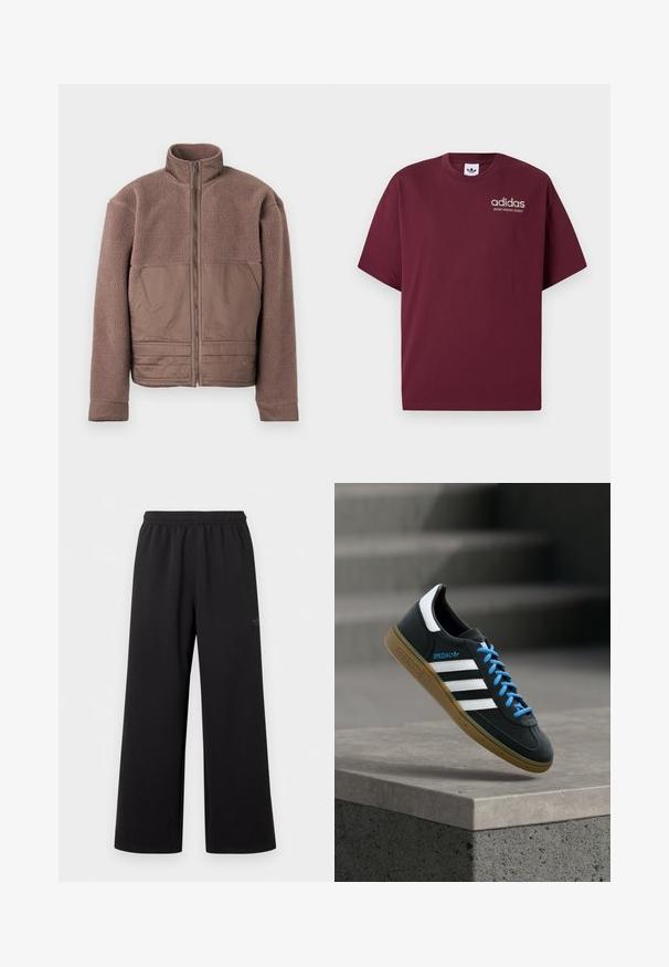 Chaqueta de forro polar marrón con cremallera frontal completa, cuello alto y paneles de tela suave en el pecho y la parte inferior frontal.; Camiseta de manga corta burdeos hecha de algodón. Presenta un cuello redondo y un pequeño logo blanco de "adidas" con "SPORT DESIGN STUDIO" debajo.; Pantalones negros de pierna ancha con cintura elástica y un sutil logo pequeño en la parte superior del muslo izquierdo, mostrados sobre un fondo blanco liso.; Zapatilla negra Adidas con franjas blancas, cordones azules y suela de goma flotando sobre un escalón de hormigón gris con luz suave.