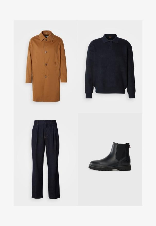 Brun trenchcoat med krave, to sidelommer og tre frontknapper. Fremstillet af glat stof og med et lige snit.; Marineblå strikket pullover med krave, to-knaps lukning, ribbet tekstur og lange ærmer. Blødt stof, afslappet pasform.; Mørkeblå vidde denim jeans med frontfældninger og orange syninger, vist på hvid baggrund.; Sorte læder ankelstøvler med elastiske sidepaneler, rund tå og en robust gummisål med dybe riller for bedre greb.