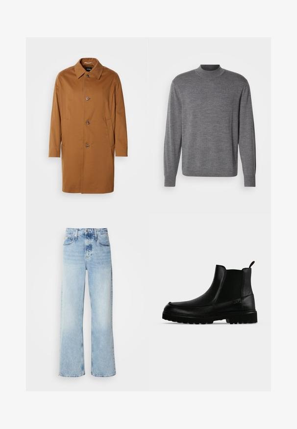 Brun trenchcoat med krave, to sidelommer og tre frontknapper. Fremstillet af glat stof og med et lige snit.; Grå langærmet sweater lavet af strikket materiale, med en høj hals og et subtilt logo på brystet. Glat tekstur og tætsiddende design.; Lysblå vide jeans med høj talje, der har en falmet finish, bæltestropper og klassisk fem-lomme design. Kantene er rå.; Sort læderankelstøvle med tekstureret sål, elastiske sidepaneler og træksnor på en lysegrå baggrund.