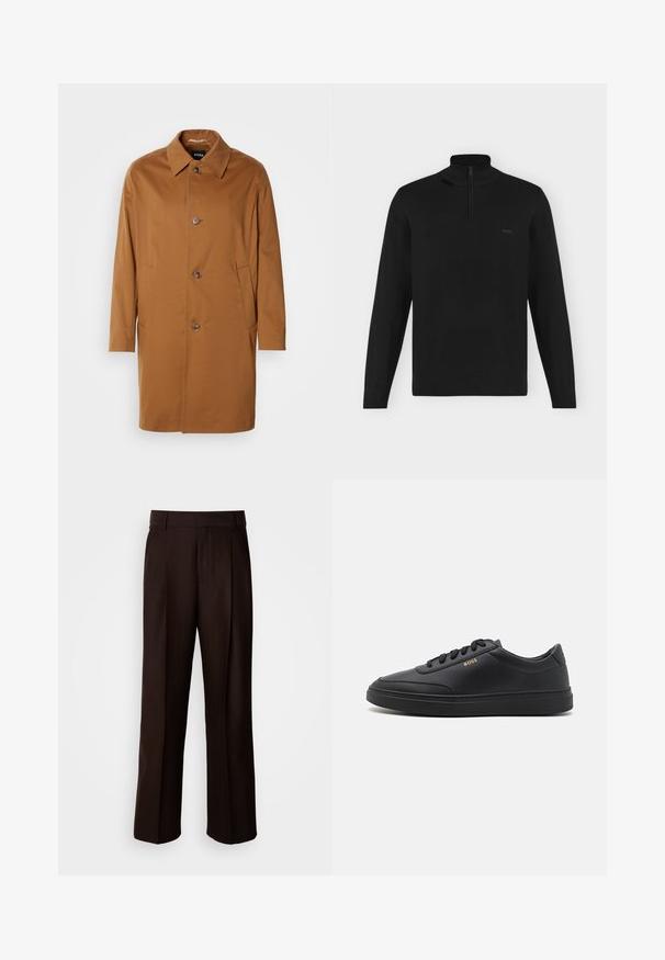 Pruun trench coat kraega, kahe külgtasku ja kolme esimbutiga. Valmistatud siledast kangast, sirge lõikega.; Must pikkade varrukatega pullover kõrge kaelusega ja poole lukuga, soonikkoes varruka- ja alaäär, vasakul rinnal väike "BOSS" logo.; Kohvitatud ülikonnatraurid, millel on sirge jalgekujundus, esiplaadiga, sujuva tekstuuri ja klassikaline vöökoht. Sobib ametlikuks kandmiseks.; Mustad nahkspordijalatsid siledast materjalist, ümarate varvastega, tasase kummist tallaga ja tooni sobivate paeltega. Küljes on kuldne "BOSS" bränding.