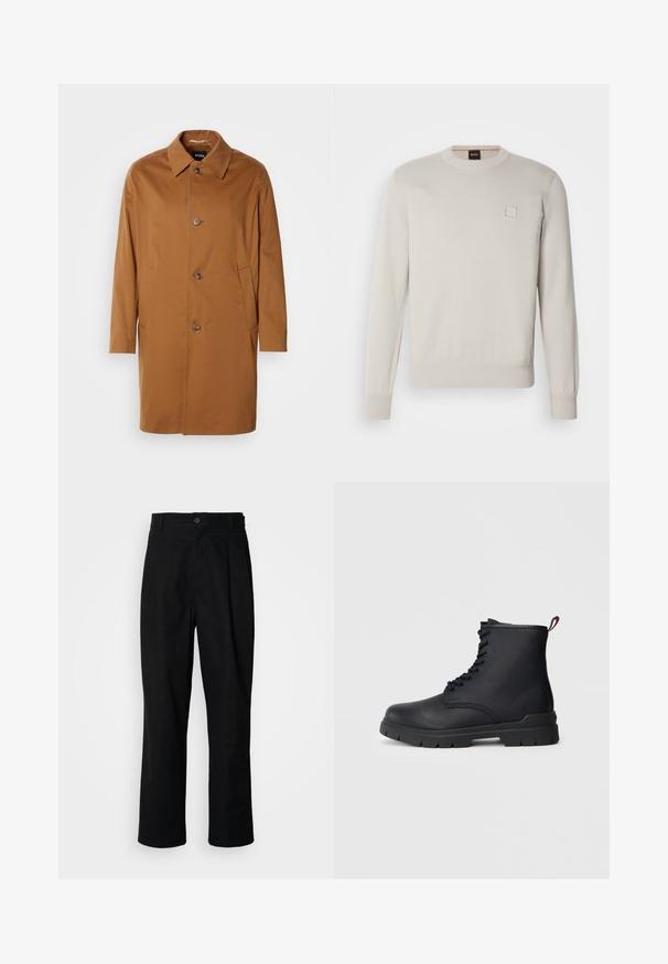 Brauner Trenchcoat mit Kragen, zwei Seitentaschen und drei vorderen Knöpfen. Hergestellt aus glattem Stoff, mit einem geraden Schnitt.; Heller beiger Strickpullover mit langen Ärmeln, Rundhalsausschnitt, geripptem Saum und Bündchen, mit einem kleinen rechteckigen Logo auf der Brust.; Schwarze gerade geschnittene Hosen mit einem Knopfverschluss, Gürtelschlaufen und Vorderfalten, vor einem schlichten weißen Hintergrund präsentiert.; Schwarze Leder-Stiefelette mit Schnüroptik, dickem Gummisohle und roter Schlaufe am Absatz, vor einem schlichten, hellen Hintergrund gezeigt.