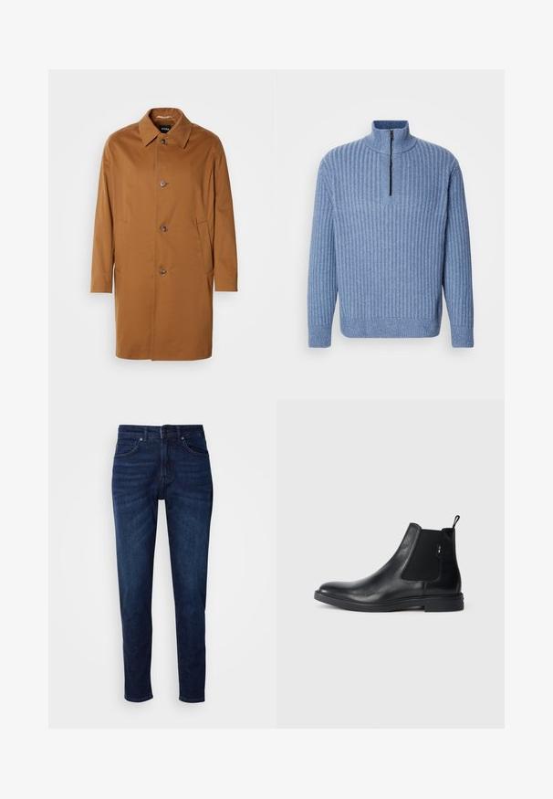 Abrigo trench marrón con cuello, dos bolsillos laterales y tres botones en la parte delantera. Está hecho de una tela suave y presenta un diseño de corte recto.; Suéter de punto acanalado en azul claro, con cuello alto y una cremallera parcial en el cuello; cuenta con mangas largas y un dobladillo recto.; Jeans de mezclilla azul oscuro con un diseño de pierna recta, que cuentan con bolsillos y un cierre de botón en la cintura. Textura suave, detalles de desvanecimiento mínimos.; Botines Chelsea de cuero negro con paneles elásticos laterales, una pestaña para tirar y una suela de goma plana. Textura suave con un detalle mínimo.