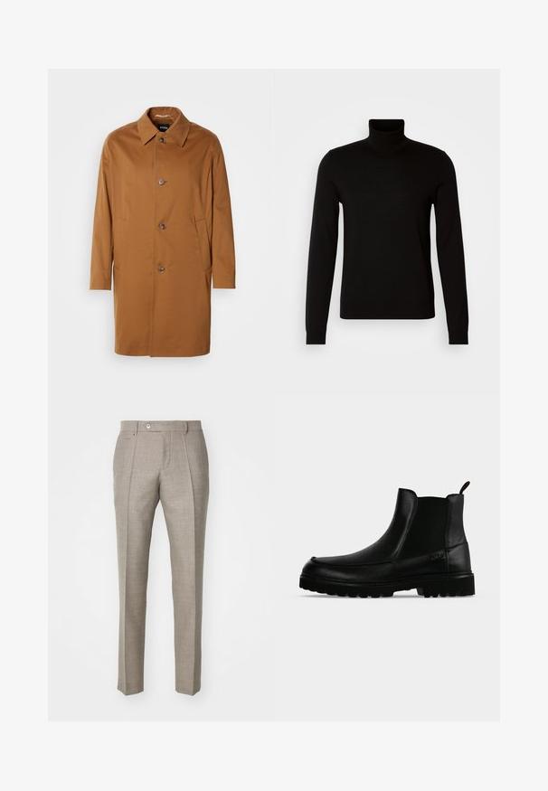 Brun trenchcoat med krave, to sidelommer og tre frontknapper. Fremstillet af glat stof og med et lige snit.; Sort turtleneck sweater lavet af et fint strikket stof, der har lange ærmer og en tætsiddende silhuet. Glat tekstur med ribbede manchetter.; Beige skræddersyede bukser med en tekstureret overflade, der har en knaplukning og to sidelommer. Struktureret design med et lige ben-silhuet.; Sort læderankelstøvle med tekstureret sål, elastiske sidepaneler og træksnor på en lysegrå baggrund.