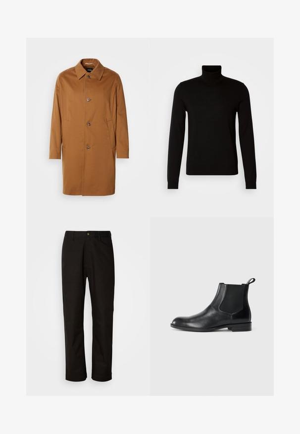 Brun trenchcoat med krave, to sidelommer og tre frontknapper. Fremstillet af glat stof og med et lige snit.; Sort turtleneck sweater lavet af et fint strikket stof, der har lange ærmer og en tætsiddende silhuet. Glat tekstur med ribbede manchetter.; Sorte bomuldsbukser med lige pasform, bæltestropper, lynlås foran og en enkelt knappelukning. Glat tekstur uden synlige mønstre.; Sorte læder ankelstøvler med elastiske sidepaneler, rund tå og en trækloft. Glat tekstur, flad sål, minimalistisk design.