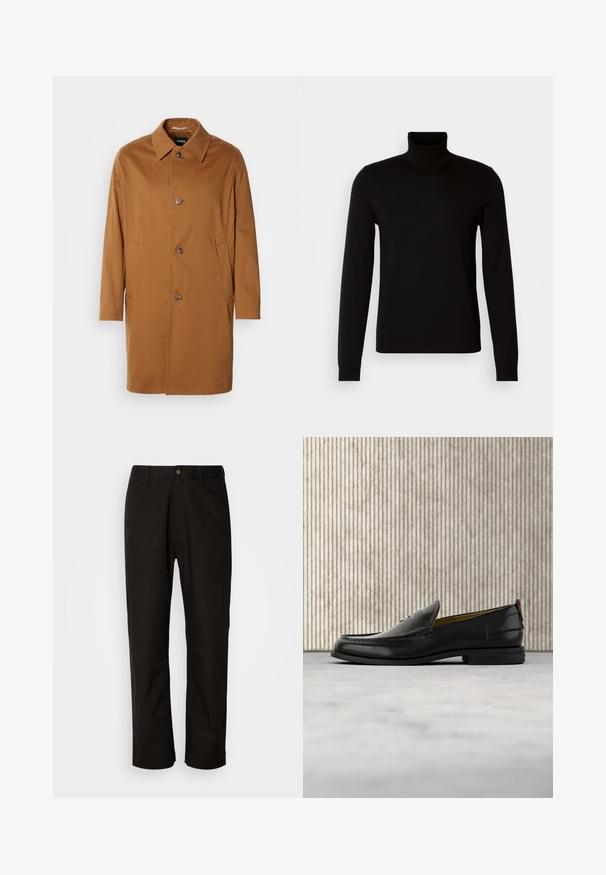 Brun trenchcoat med krave, to sidelommer og tre frontknapper. Fremstillet af glat stof og med et lige snit.; Sort turtleneck sweater lavet af et fint strikket stof, der har lange ærmer og en tætsiddende silhuet. Glat tekstur med ribbede manchetter.; Sorte bomuldsbukser med lige pasform, bæltestropper, lynlås foran og en enkelt knappelukning. Glat tekstur uden synlige mønstre.; Sort læder herreloafer med krokodillepræget forstykke og lav hæl, vist i profil på en neutral baggrund.