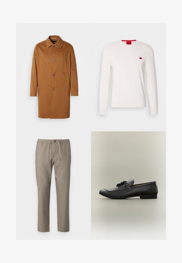 Brun trenchcoat med krave, to sidelommer og tre frontknapper. Fremstillet af glat stof og med et lige snit.; Hvid crewneck sweater med lange ærmer, lavet af blødt stof. Har en lille rød logo-patch på brystet og en kontrasterende rød mærkat ved halsudskæringen.; Beige bukser med elastisk talje, snor til lukning og lige ben. Materialet har en subtil tekstur.; Sorte læder loafer med rund tå, dekorative kvaster og stikninger. Flad hæl med en slank profil og glat tekstur.