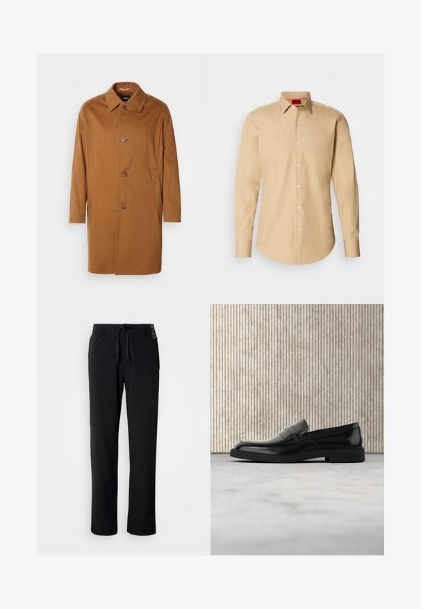 Brun trenchcoat med krave, to sidelommer og tre frontknapper. Fremstillet af glat stof og med et lige snit.; Beige skjorte med knapper lavet af glat stof, med klassisk krave, lange ærmer og subtil tekstur med hvide knapper.; Sorte, letvægtsbukser med lige ben. Har elastiksnøre i taljen og en glat tekstur. Velegnede til afslappet brug.; Sort poleret læderloafer flydende over beige tæppe med orange gennemsigtigt møbel i baggrunden.