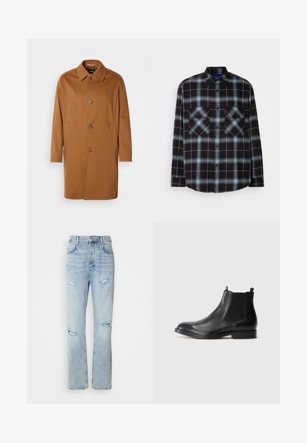 Brun trenchcoat med krave, to sidelommer og tre frontknapper. Fremstillet af glat stof og med et lige snit.; Sort og lyseblå ternet flannel skjorte med lange ærmer, knaplukning fortil, krave og to brystlommer med flap-lukning.; Lysvaskede denimjeans med en afslappet pasform, der har slidte områder og frynsede kanter. Stoffet har en blød, glat tekstur.; Sorte læder Chelsea støvler med elastiske sidepaneler, rund tå, trækstrop og en lav blokhæl. Glat tekstur og minimalistisk design.
