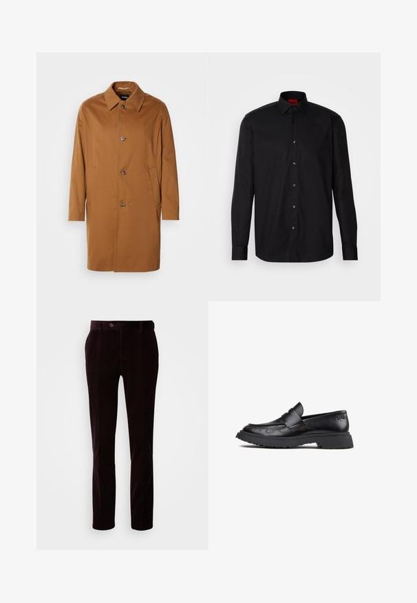 Abrigo trench marrón con cuello, dos bolsillos laterales y tres botones en la parte delantera. Está hecho de una tela suave y presenta un diseño de corte recto.; Camisa negra de manga larga hecha de una tela suave, con un cuello clásico con tapa, cierre frontal de botones y un ajuste entallado.; Pantalones de pana en marrón oscuro, con un corte ajustado, sutiles rayas verticales, cierre de botón y bolsillos estándar a cada lado.; Mocasín de cuero negro con suela de goma gruesa, costuras decorativas en la parte superior y una tira tipo penny en la parte superior.