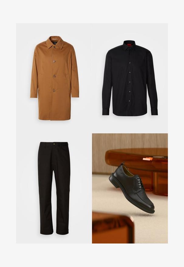 Brauner Trenchcoat mit Kragen, zwei Seitentaschen und drei vorderen Knöpfen. Hergestellt aus glattem Stoff, mit einem geraden Schnitt.; Schwarzes Langarmhemd aus glattem Stoff, mit klassischem Kragen, Knopfverschluss vorne und taillierter Passform.; Schwarze Baumwollhosen mit geradem Schnitt, Gürtelschlaufen, einem Reißverschluss vorne und einem einzelnen Knopfverschluss. Glatte Textur ohne sichtbare Muster.; Schwarzer Leder-Schnürschuh mit texturierter Vorderseite, schwebend über beigem Teppich in einem modernen Raum mit bernsteinfarbenen Möbeln.