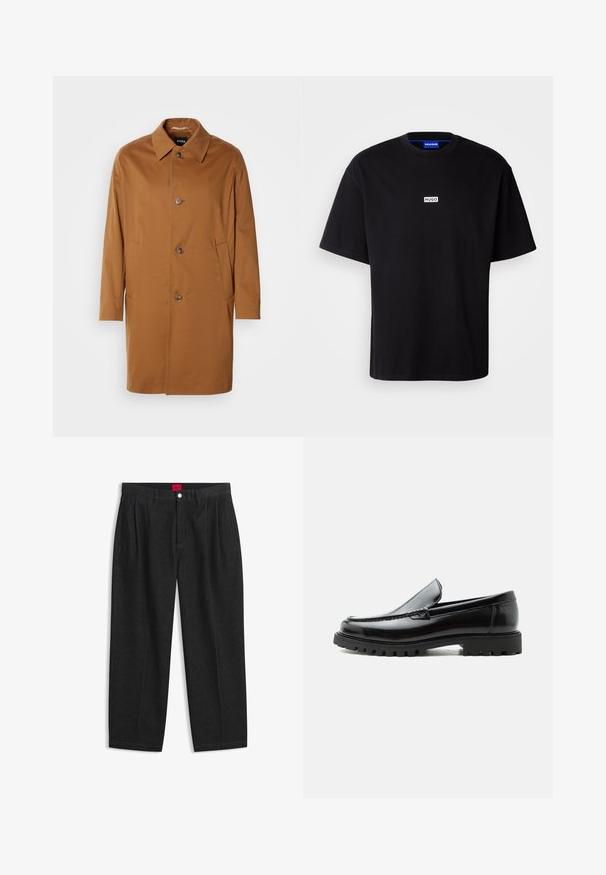 Brun trenchcoat med krave, to sidelommer og tre frontknapper. Fremstillet af glat stof og med et lige snit.; Sort bomulds t-shirt med rund hals, korte ærmer og et hvidt rektangulært "HUGO" logo på brystet. Glat overflade, afslappet pasform.; Sorte bukser med høj talje med forreste læg, bæltestropper, knap og lynlås lukning samt en rød label indeni linningen.; Sort læderloafer med chunky gummisål, syet overdel og præget mærkenavn på hælen, vist i sideprofil på hvid baggrund.