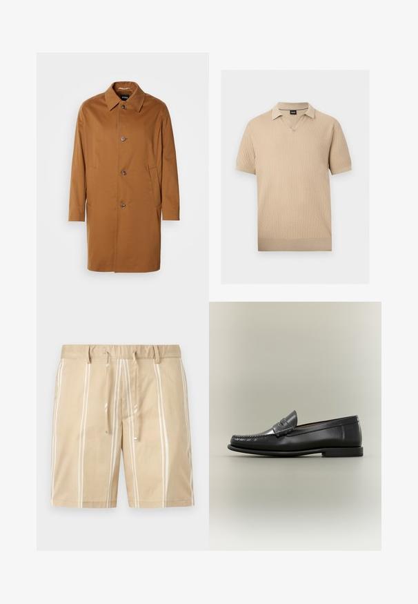 Abrigo trench marrón con cuello, dos bolsillos laterales y tres botones en la parte delantera. Está hecho de una tela suave y presenta un diseño de corte recto.; Polo de punto beige de manga corta con patrón texturizado, cuello en V y puños y bajo acanalados.; Pantalones cortos beige con rayas blancas verticales, cintura elástica con trabillas para cinturón y cierre con cordón frontal sobre un fondo liso.; Mocasín de hombre de cuero negro con diseño moc-toe, tira de tipo penny y tacón bajo sobre fondo neutro.