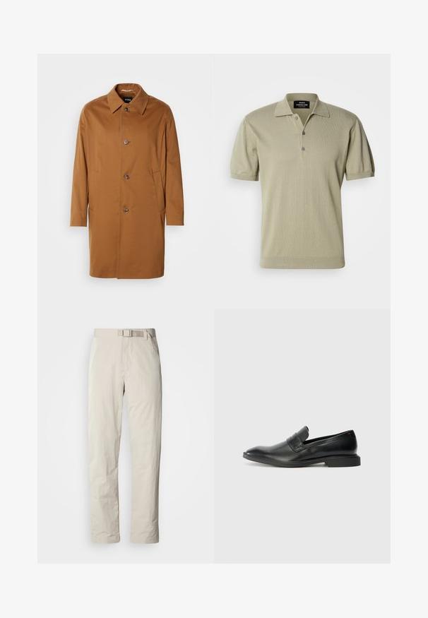 Brun trenchcoat med krave, to sidelommer og tre frontknapper. Fremstillet af glat stof og med et lige snit.; Kortærmet polo t-shirt i lyse olivengrøn strikstof, med flad krave, tre knaplukninger og ribbet kant.; Beige bukser med lige ben, lavet af letvægtsstof. Har et indbygget bælte og en subtil struktur med en glat finish.; Sorte læder loafers med en glat tekstur, spids tå og lav rektangulær hæl. Har vandret remdetalje på overdelen.