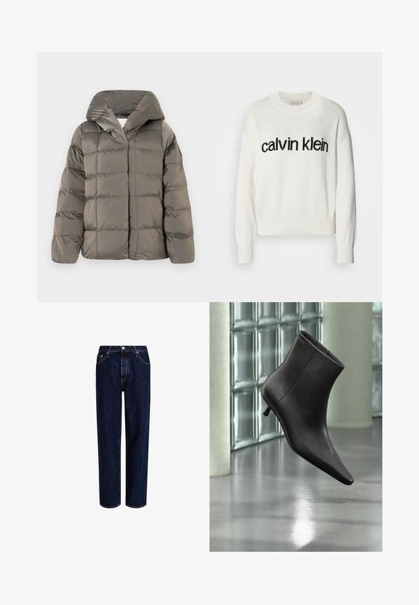 Veste de doudoune grise matelassée avec grande capuche et fermeture à pression à l'avant, présentée sur un fond blanc uni.; Pull en tricot blanc avec un col rond et des manches longues, présentant un logo "calvin klein" noir sur la poitrine. Texture douce, coupe courte.; Jeans en denim bleu foncé avec une coupe droite, dotés d'une taille haute, d'un style à cinq poches et de coutures contrastantes. Sans embellissements.; Bottine en cuir noir avec bout pointu et petit talon, présentée devant un mur en blocs de verre et un sol poli.