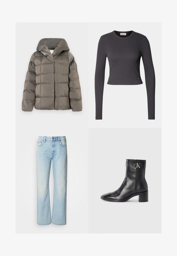 Veste de doudoune grise matelassée avec grande capuche et fermeture à pression à l'avant, présentée sur un fond blanc uni.; Haut court à manches longues en tissu côtelé gris foncé avec un col rond et un petit patch logo au bas. Texture lisse, design ajusté.; Jeans à jambes larges bleu clair en denim, présentant un design classique à cinq poches et une texture légèrement décolorée. La couture en denim est visible.; Botte de cheville en cuir noir avec un bout pointu, un talon carré et une sangle avec un détail de logo métallique. Texture lisse et design minimaliste.
