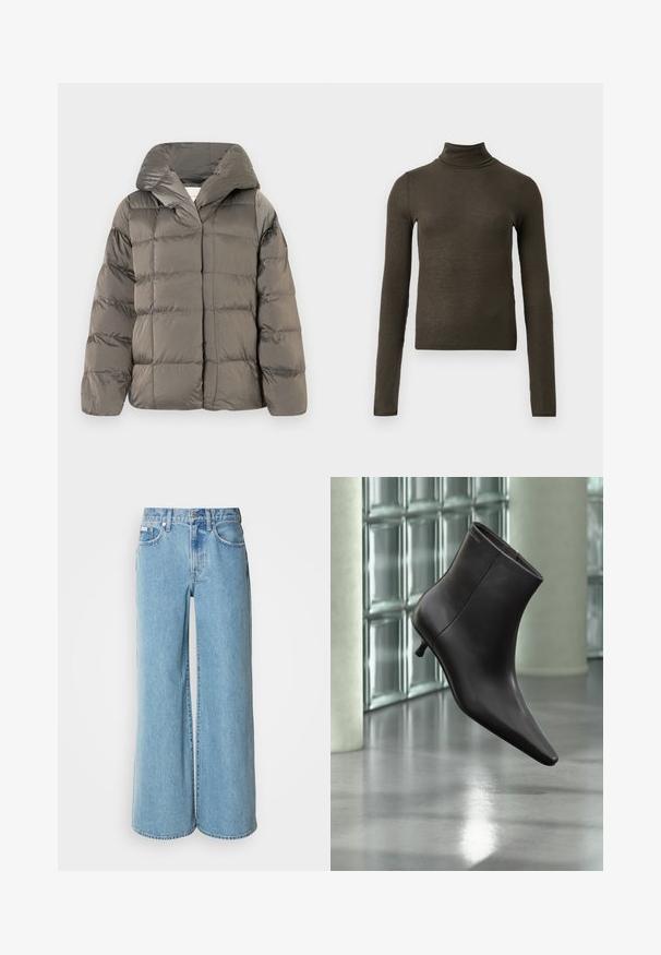 Veste de doudoune grise matelassée avec grande capuche et fermeture à pression à l'avant, présentée sur un fond blanc uni.; Haut à col roulé à manches longues de couleur vert olive foncé, à côtes, avec une coupe slim et une longueur légèrement raccourcie, sur fond clair.; Jean large bleu clair en denim, avec une taille haute, un design à cinq poches et un léger dégradé sur le tissu.; Bottine en cuir noir avec bout pointu et petit talon, présentée devant un mur en blocs de verre et un sol poli.